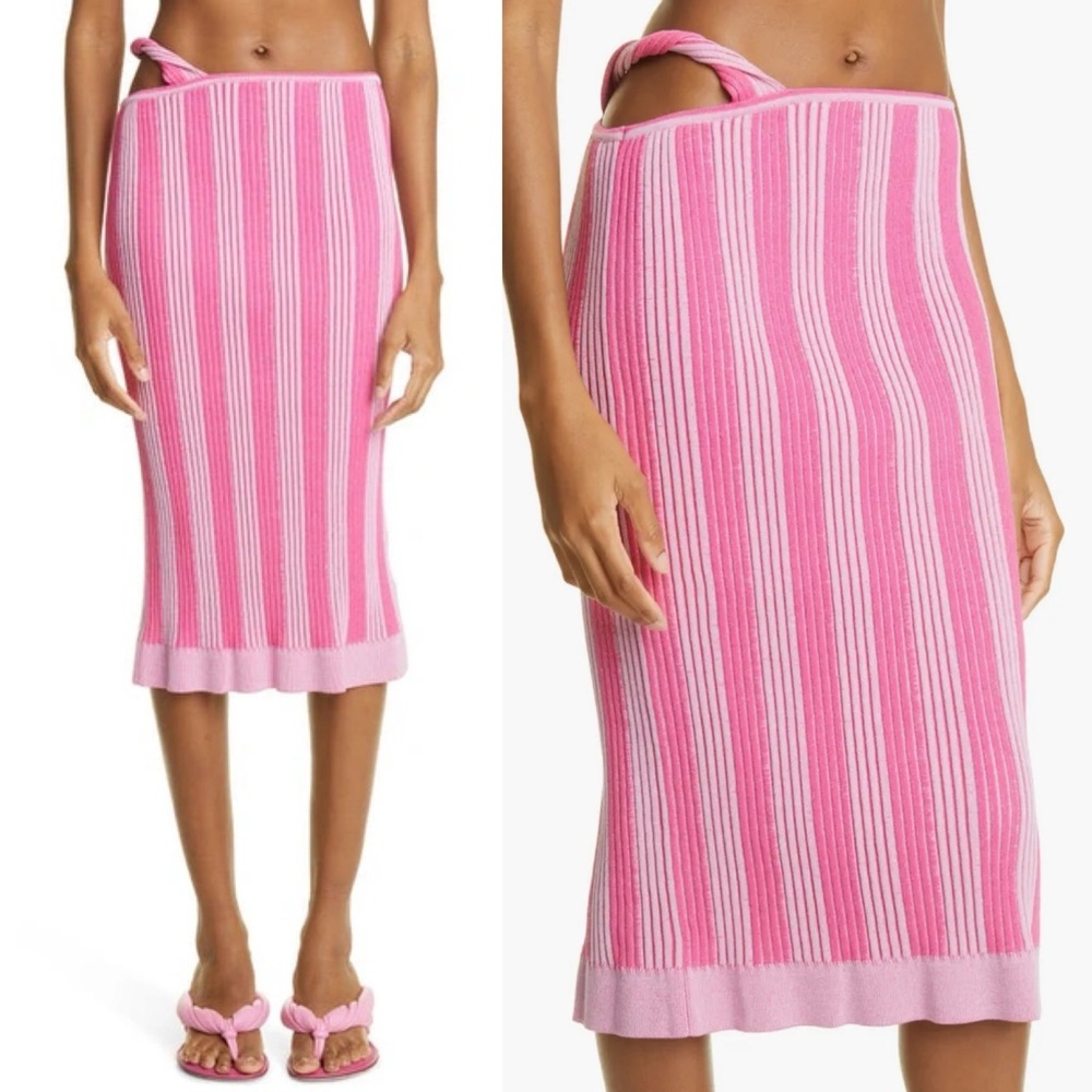 Jacquemus Le Jupe Gelato Stripe Ribbed Knit Midi Skirt Pink Sz 40 US 8